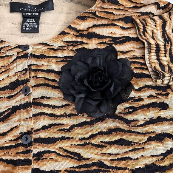 SILX by August Silk Short Cardigan Silk Blend Animal Print Sweater - Picture 4 of 13